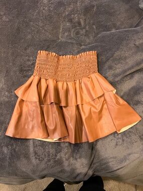 Girls' Tiered Faux-Leather Skirt in Camel with Smocked Waist